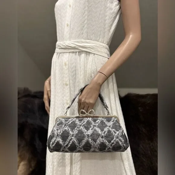 Genuine Leather Denim Quilted Pattern, Handmade Unique Bow Kisslock Baguette Bag